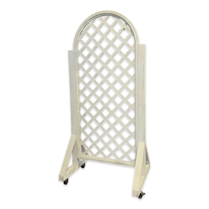 A white rolling garden trellis panel with an arched top and diamond lattice pattern, supported by a matching wheeled frame on a white background.